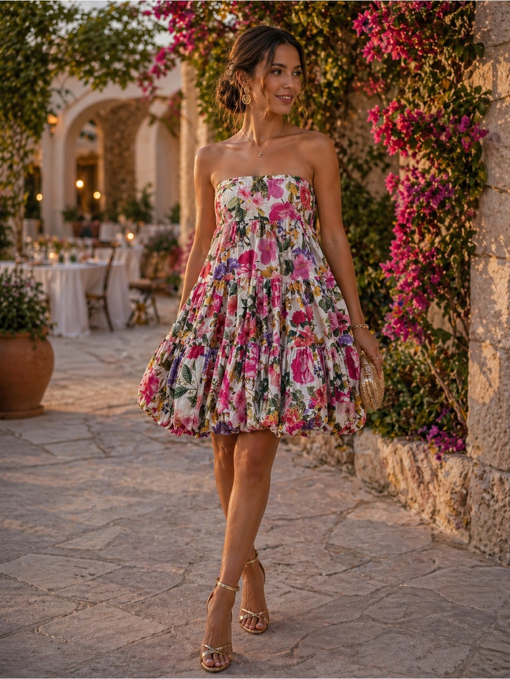 Strapless Floral Tiered Mini Dress 🌸 Cottagecore Wedding Guest Summer Dress XS